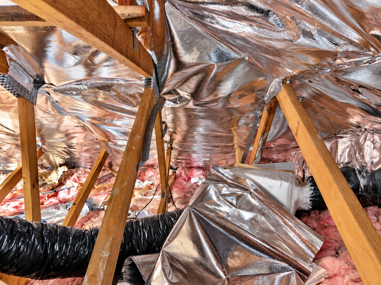 Attic with radiant barrier and fiberglass insulation installed